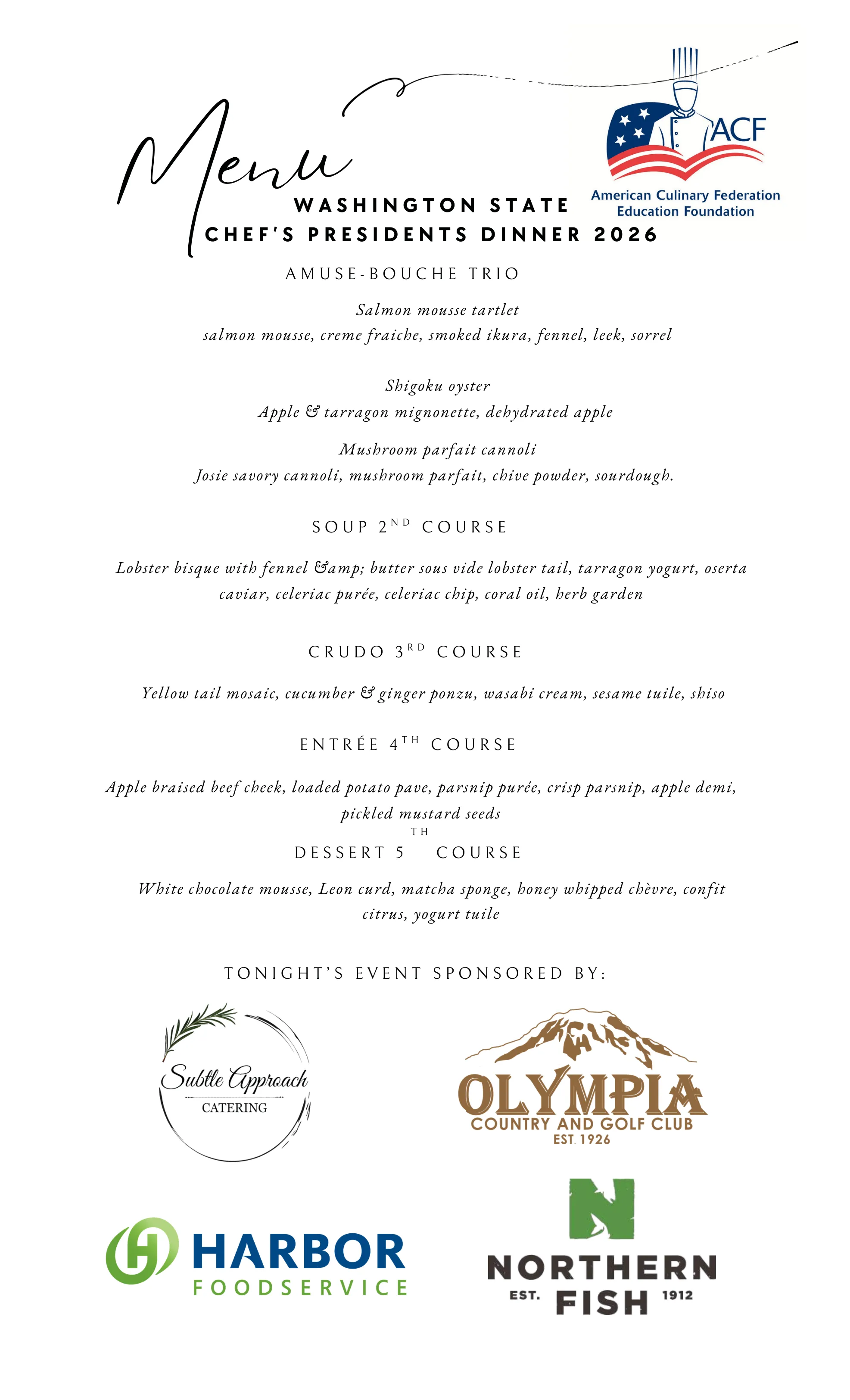 Presidents Dinner 2026 — Dinner Menu